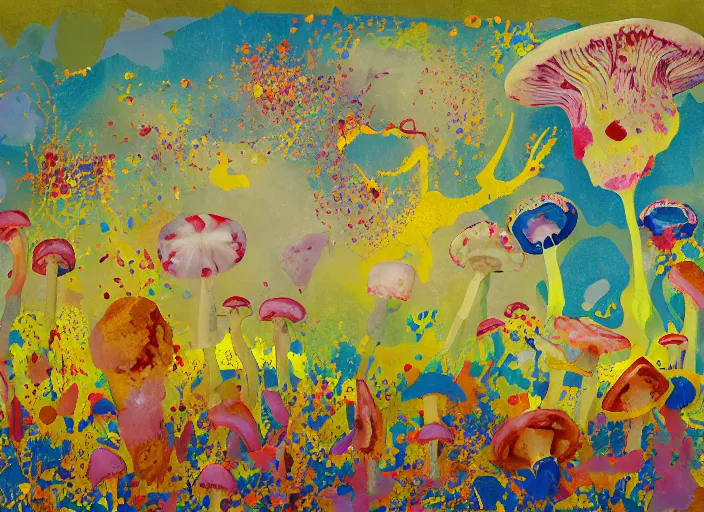 Image similar to expressionistic decollage painting golden armor alien zombie horseman riding on a translucent bone dragon broken rainbow diamond maggot horse in a blossoming meadow full of colorful mushrooms and golden foil toad blobs in a golden sunset, distant forest horizon, painted by Adrian Ghenie, Helen Frankenthaler, Danny Fox and Hilma af Klint, pixelated, semiabstract, color field painting, byzantine art, voxel art, pop art look, naive, outsider art. Mark Rothko painting, part by Philip Guston and Frank Stella art by Barnett Newman, 8k, extreme detail, intricate detail, masterpiece