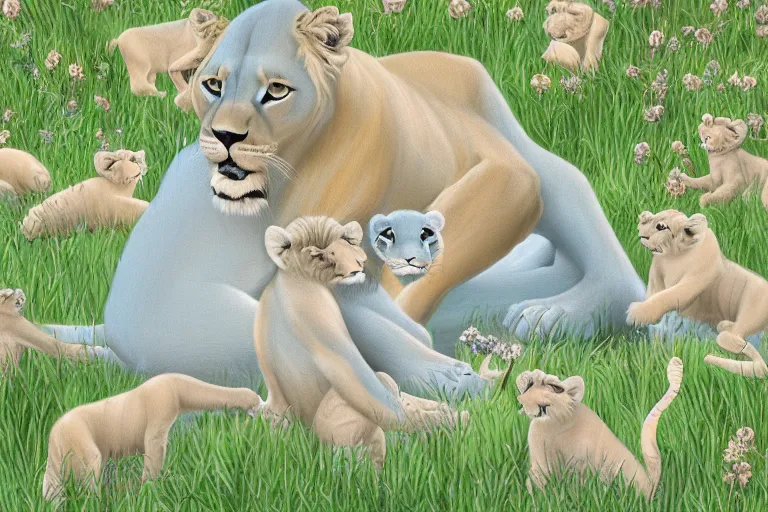 Prompt: beautiful aesthetic digital illustration of a pastel blue winged lioness with a litter of pastel cubs