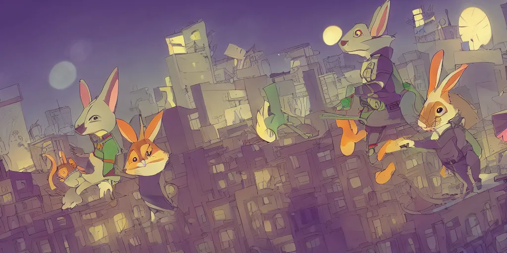 Prompt: mutant pet shop squad. zootopia anime furry. rabbit, puppy, hamster. iguana. rat ninjas on the urban neogeorgian rooftops at night. low angle. artstation, by tim jacobus.