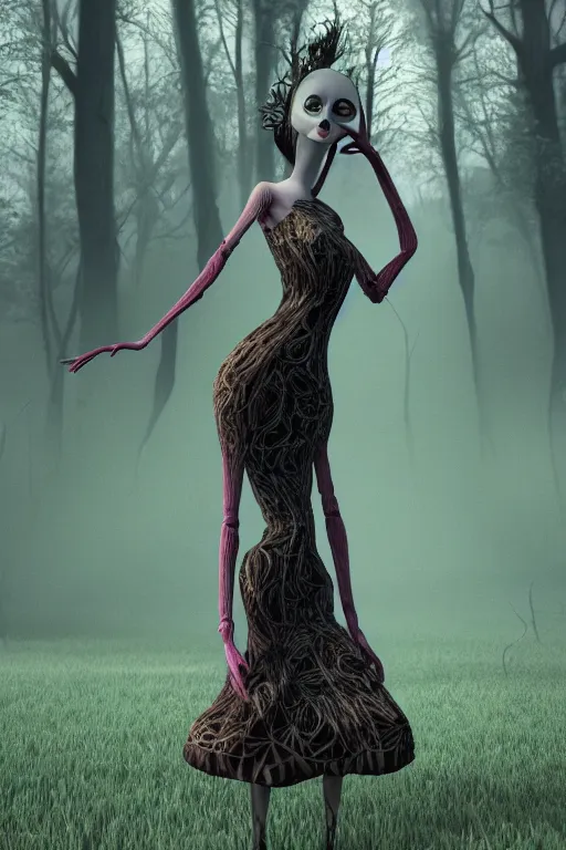 Full body Woman wearing a dress inspired by Tim burton Stable