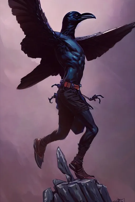 Image similar to character art by wlop, steve henderson, and j scott campbell, gooseman, male hero, raven head, wings, 4 k, arstation, trending, high quality, very detailed, digital