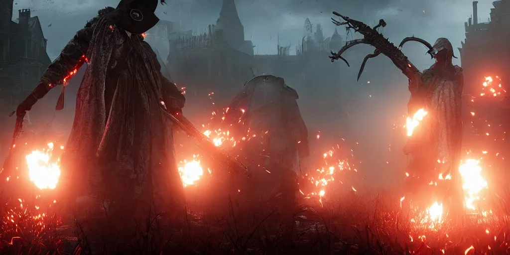 Image similar to mix between battlefield 1 and bloodborne, terrifying, brightly colored, dark