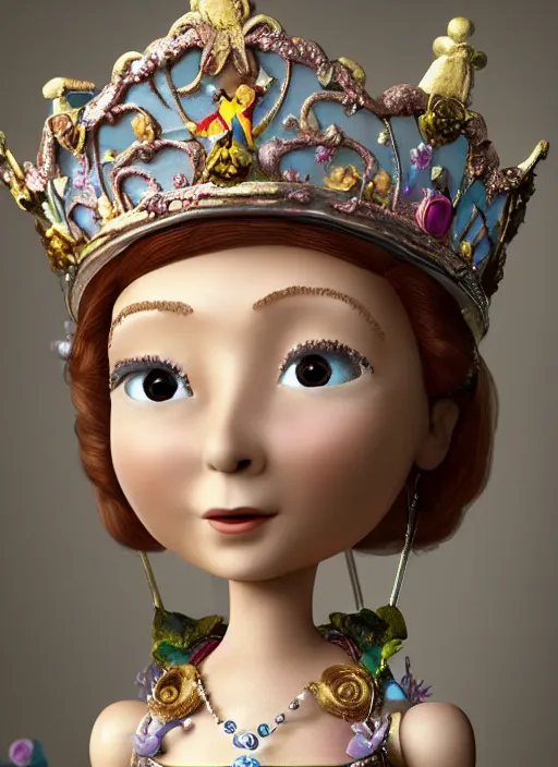 Image similar to closeup face profile portrait of tin toy felicity kendal as a fairytale princess wearing a crown eating cakes, bikini, depth of field, zeiss lens, detailed, symmetrical, centered, fashion photoshoot, by nicoletta ceccoli, mark ryden, lostfish, breathtaking, 8 k resolution, extremely detailed, beautiful, establishing shot, artistic, hyperrealistic, octane render