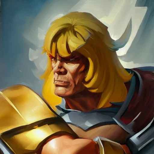 Image similar to greg manchess portrait painting of astonishing he - man the master of the universe as overwatch character, medium shot, asymmetrical, profile picture, organic painting, sunny day, matte painting, bold shapes, hard edges, street art, trending on artstation, by huang guangjian, gil elvgren, ruan jia, greg rutkowski, gaston bussiere