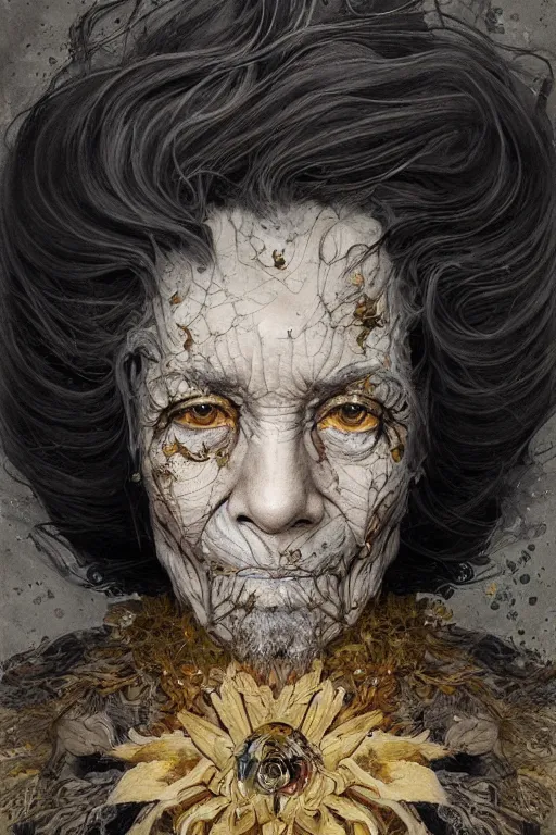 Image similar to portrait of hairy old woman with diluted aquarelle painted skin. close up. very dark black hair, shiny gold eyes. intricate dark flowers pattern on background, high detail, by Peter mohrbacher and Eddie Mendoza