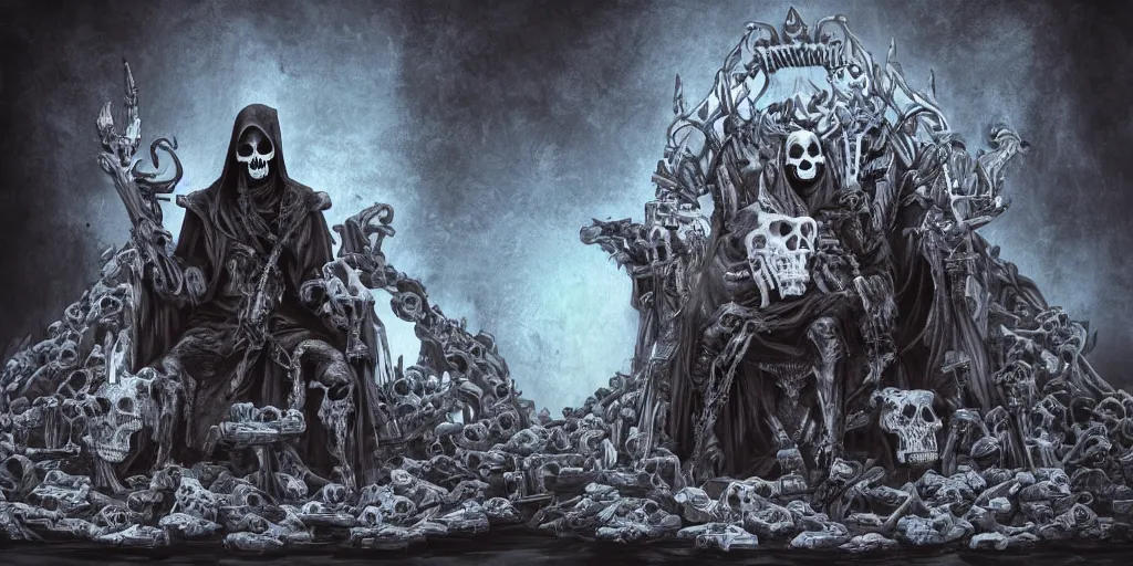 Prompt: Grim reaper sitting on a throne made of skulls, wide shot, digital art, fantasy, concept art, highly detailed, dark colors, blue tint,
