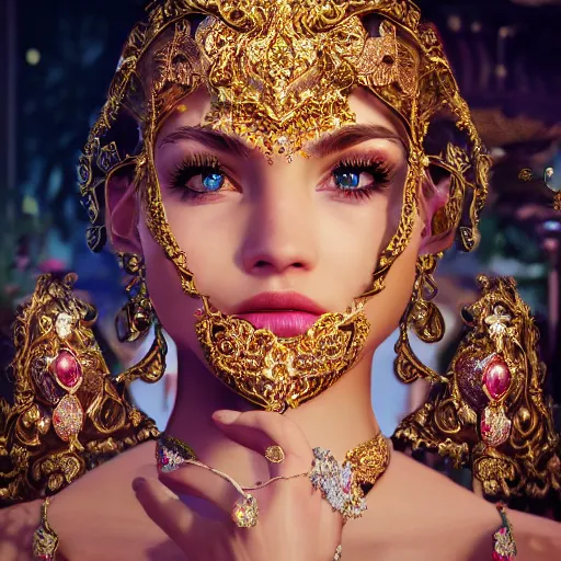 Image similar to portrait of pretty princess with perfect skin, glowing, ornate and intricate diamond jewelry, jaw dropping beauty, ornate and intricate backdrop, white accent lighting, hyper detailed, 4 k octane render