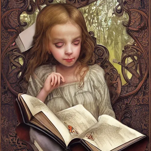 Image similar to realistic detailed face portraits and fully body poses of children reading books by emilia dziubak, will terry, greg olsen, chris mars, ann long, and mark brooks, fairytale, art nouveau, victorian, neo - gothic, character concept design, smooth, extremely sharp detail, finely tuned detail, story book design, storybook layout