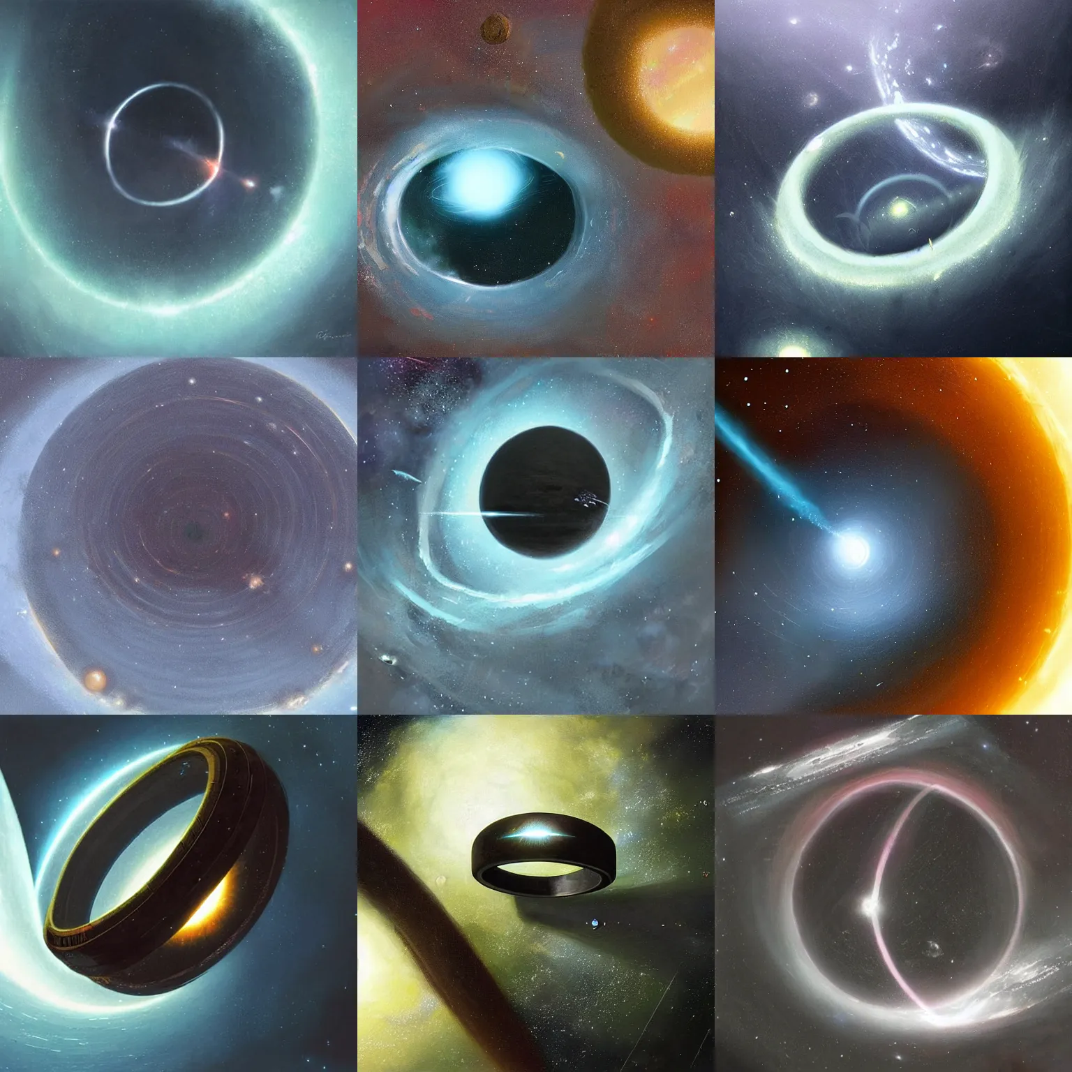 Prompt: large rings in space, seen from above, dark, painted by greg rutkowski