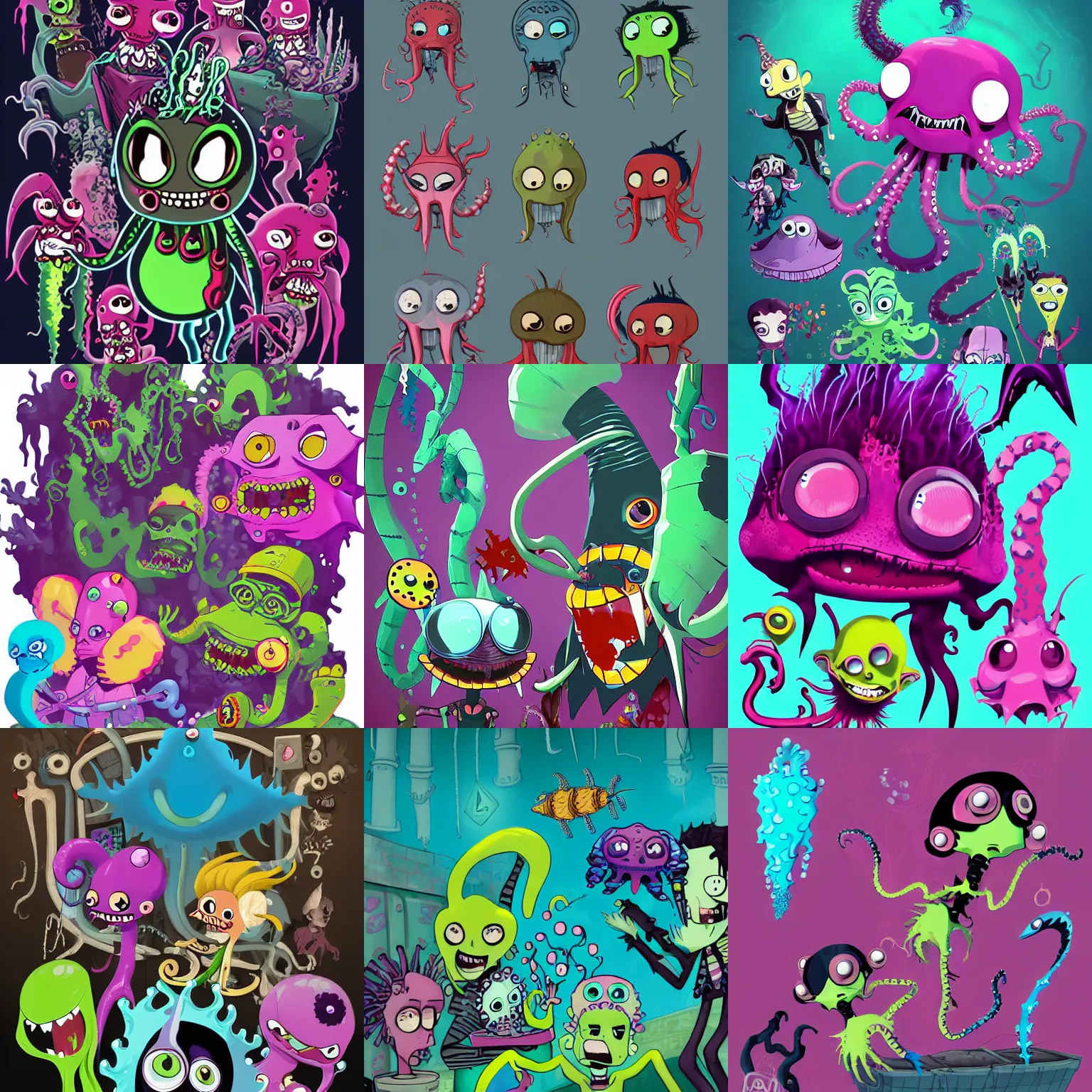 Prompt: punk rock vampiric electrifying 80s underwater party rockstar vampire octopus, angler fish, gulper eel, mantis shrimp, jellyfish and sea urchins conceptual character designs of various shapes and sizes by genndy tartakovsky and splatoon by nintendo and the psychonauts franchise by doublefine tim shafer artists for the new hotel transylvania film