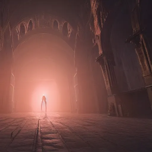 Image similar to a futuristic soldier entering into a ruined futuristic cathedral, unreal engine fantasy art, fog, volumetric lightning, nighttime, hd, 8k