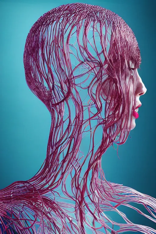 Prompt: machine cover art arms!!!! lips!!! future bass girl unwrapped statue bust curls of hair petite lush front side view body unfolds photography model full body curly jellyfish lips wire art contrast vibrant futuristic fabric skin jellyfish material metal veins and human anatomy in the style of Jonathan Zawada, Thisset colours simple background objective