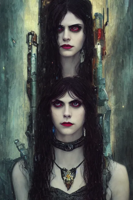 Image similar to portrait of beautiful gothic Alexandra Daddario, cyberpunk, Warhammer, highly detailed, artstation, illustration, art by Gustav Klimt