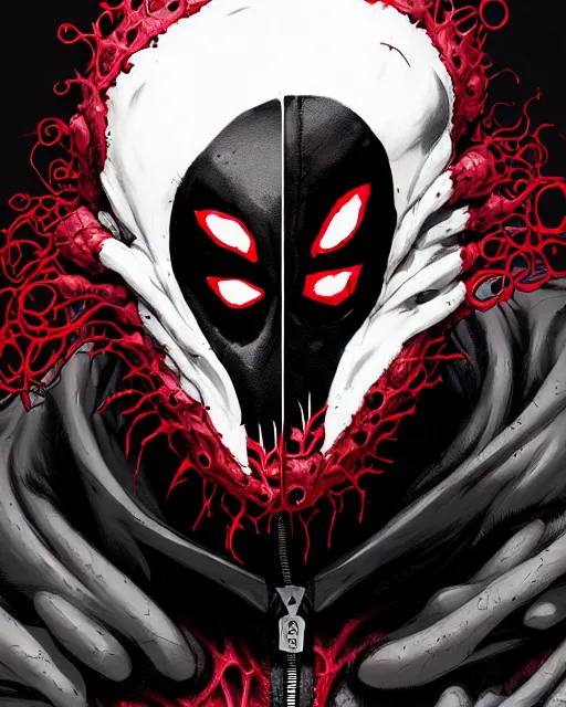 Image similar to highly detailed closeup portrait of a mutated carnage symbiote in deadpool suit with carnages face, wearing black hoodie by atey ghailan, by greg rutkowski, by greg tocchini, by james gilleard, by joe fenton, by kaethe butcher, red, black, crimson and white color scheme, grunge!! graffiti tag wall
