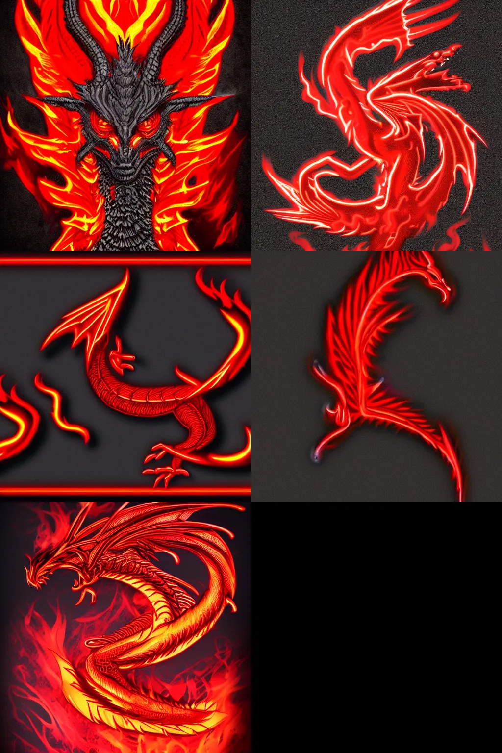 Prompt: Red dragon flame neon on a black color scheme with fire, in the graphic style of Matt James, detailed art, trending on Artstation, sharp focus