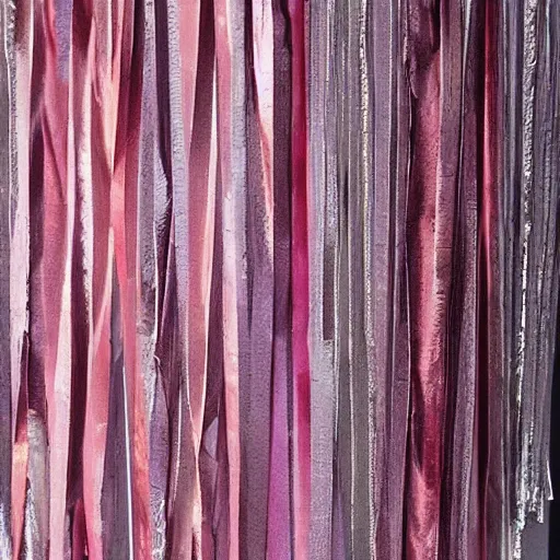 Prompt: a backdrop that is made of layers of rectangular silk papers that overlap in clear groups with shades of pink, orange, white and reflective silver foil. an abstract sculpture by carol bove, trending on pinterest, interactive art, made of silk paper, maximalist, artwork, art brut, lighthearted, seapunk