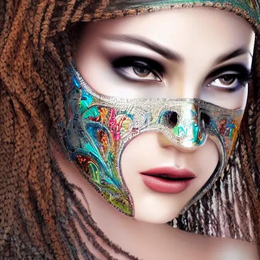 Image similar to a close up of a person wearing a mask, a photorealistic painting by csaba markus, shutterstock contest winner, art photography, behance hd, daz 3 d, androgynous