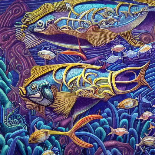 Prompt: fish swimming through a flooded under water city, surrealism, deep aesthetic, abstract realism, highly ornate intricate details, 1 9 2 0's colored pencil, 4 k, cinematic lighting,