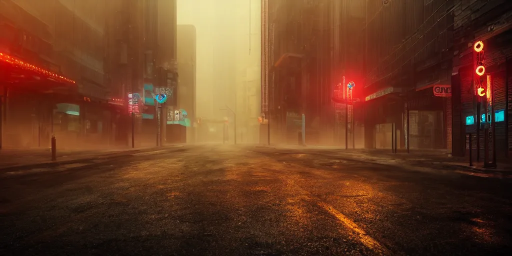 Image similar to deserted narrow cyberpunkstyle city street, fog, rain, neon sign, volumetric lighting, beautiful, golden hour, sharp focus, ultra detailed, cgsociety