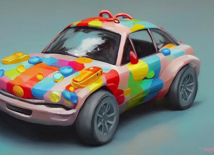 Image similar to concept design of cute candy cars for a aaa game, must be made by types of candy the car, oil painting by eren arik and jama jurabaev, extremely detailed, brush hard, artstation, high quality, brush stroke