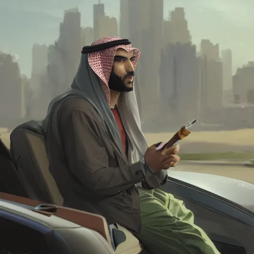 Prompt: saudi arab man smoking in a car, anime digital art in the style of greg rutkowski and craig mullins, 4 k