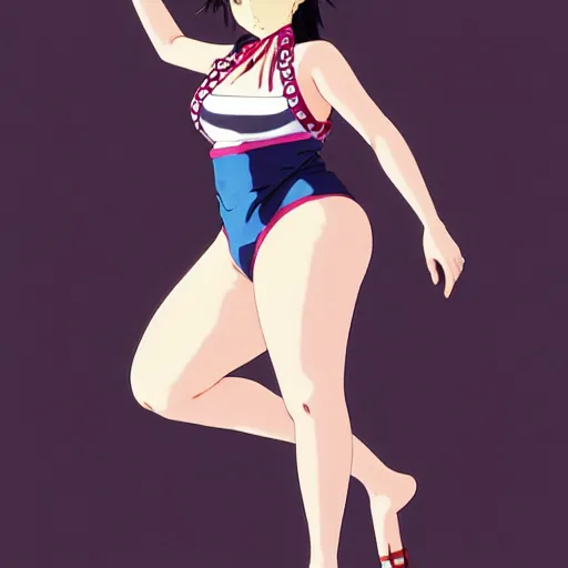 Image similar to a beautiful plus sized model japanese natalie portman, alluring plus sized model, wearing mayan leotard with elegant mayan apron overalls, street fashion hip hop style with mayan patterns, aztec street fashion, gapmoe yandere grimdark, trending on pixiv fanbox, painted by greg rutkowski makoto shinkai takashi takeuchi studio ghibli, akihiko yoshida