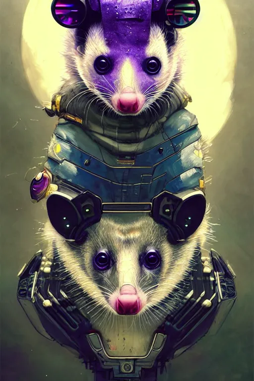 Image similar to a beautiful portrait of a cute cyberpunk opossum by sandra chevrier and greg rutkowski and wlop, purple blue color scheme, high key lighting, volumetric light, digital art, highly detailed, fine detail, intricate, ornate, complex, octane render, unreal engine, photorealistic