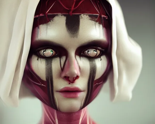 Image similar to a synthetic female human oracle wrapped in white cloth, beautiful, tribal facepaint, neotokyo, cinematic lighting, high resolution, 4 k