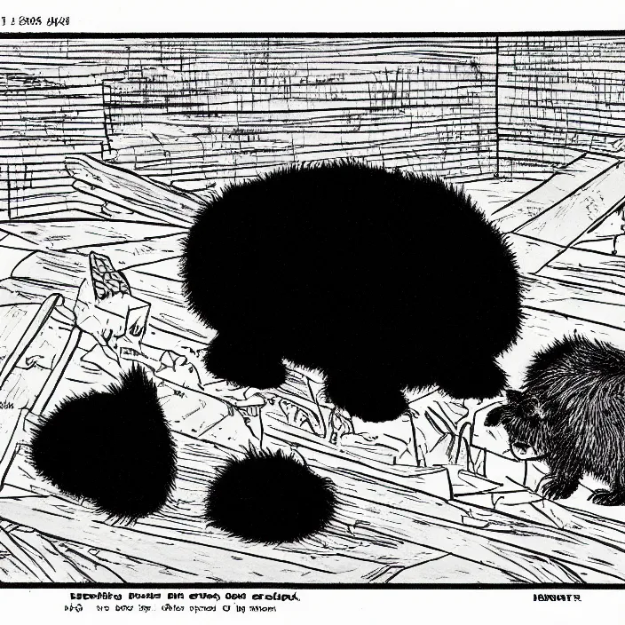 Image similar to a still frame from comic strip, black fluffy hairy furry rabbit on a clean background 1 9 5 0, herluf bidstrup, new yorker illustration, monochrome contrast bw, lineart, manga, tadanori yokoo, simplified,