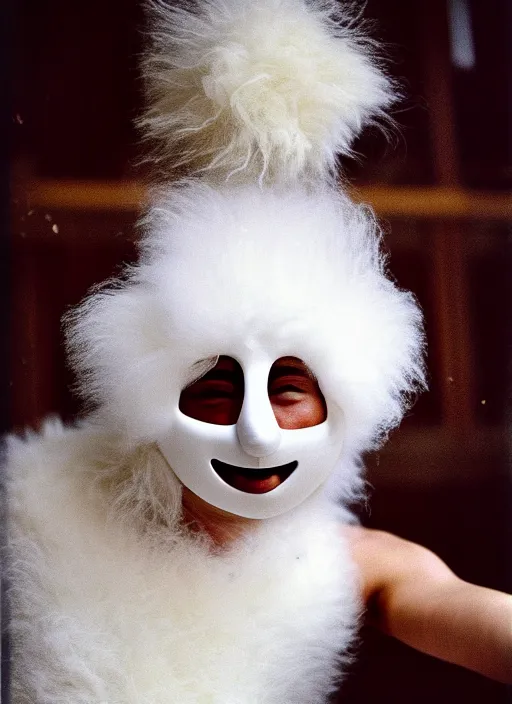 Prompt: realistic photo portrait of the person, white carnival fluffy mask no eyes no mouth, wearing hairy fluffy cotton shorts, dancing in the spacious wooden polished and fancy expensive wooden laboratory hall interior 1 9 9 0, life magazine reportage photo