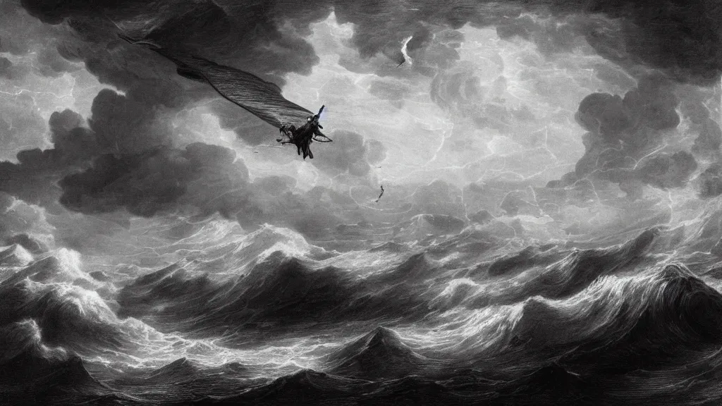 Image similar to drawing of an ornithopter flying above a stormy ocean, by gustave dore, nineteenth century, black and white, vintage, science fiction, epic composition, dramatic lighting, highly detailed, cinematic