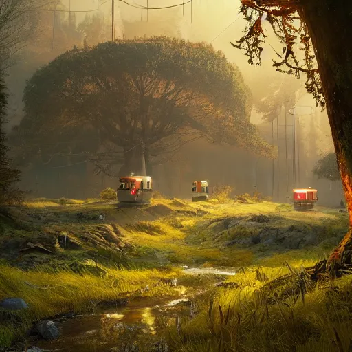 Image similar to scenery of a beautiful rural landscape with a broken robot in the style of simon stalenhag. light rays from the tree tops, small river on the ground, hypermaximalistic, high details, cinematic, 8 k resolution, beautiful detailed, insanely intricate details, artstation trending, octane render, unreal engine