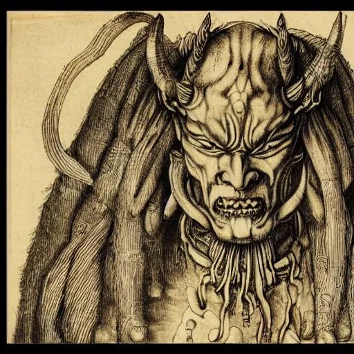 Prompt: portrait of a japanese demon, highly detailed, by albrecht durer