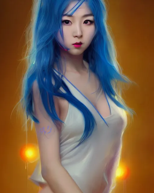 Prompt: stunningly beautiful female dj, blue hair, cute korean actress, dj sura, laser lights, sharp focus, digital painting, 8 k, concept art, art by wlop, artgerm, greg rutkowski and alphonse mucha