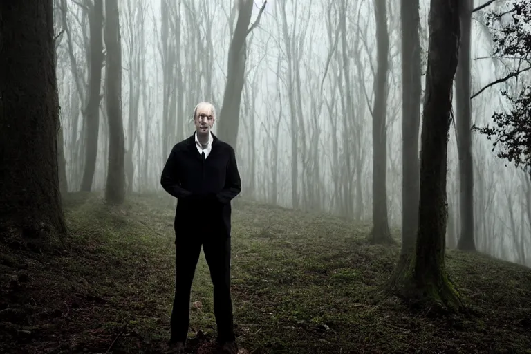 Image similar to a photorealistic cinematic!!! headshot portrait!!! of a skinny evil male scientist, stood in a spooky forest, fog, shrubbery, 8 k, detailed, backlight, deep focus, movie still, moody lighting, by werner herzog