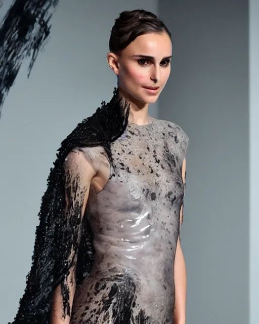 Image similar to nathalie portman at the new york fashion week, wearing an outfit made of nickelodeon slime, black hair, freckles, pale skin, photo by greg rutkowski, harsh shadows, bright lighting, female beauty, intricate detail, elegance, sharp shapes, masterpiece