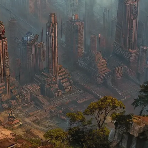 Image similar to mayan cyberpunk city in the center of redwood forest, viewed from a distance, shadow of the colossus screenshot by j. c. leyendecker, simon stalenhag, studio ghibli, and beksinski