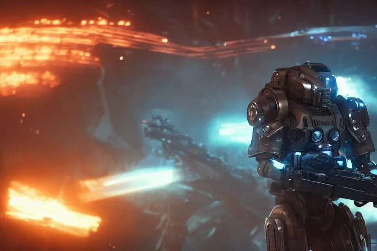 Image similar to VFX movie of a futuristic inhuman alien spacemarines Mech in future spaceship, firing gun at alien horde detailed creature skin neon lighting by Emmanuel Lubezki