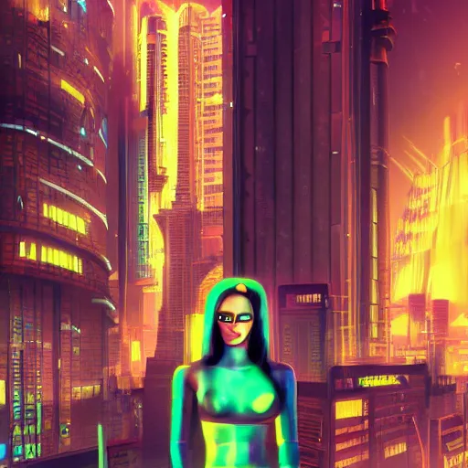 Prompt: a futuristic still of cyberpunk monalisa in a cyberpunk city, 8k, trending on artstation, highly detailed, cyberpunk monalisa cyberpunk monalisa, 8k details