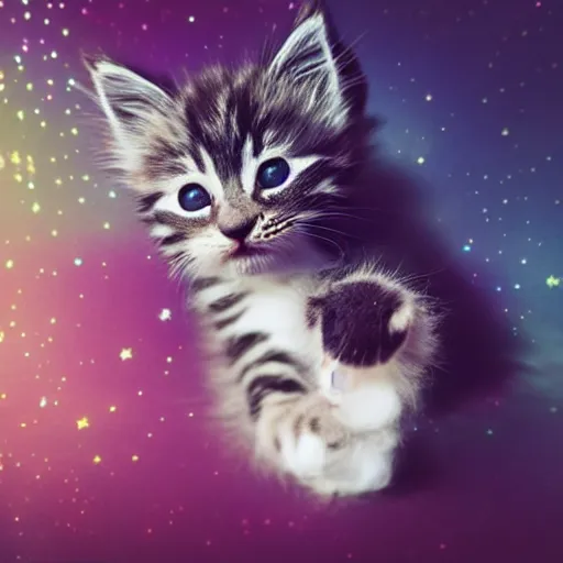 Prompt: !dream Photo of a cute extremely fluffy kitten playing with light double exposed with stars. Light painting. Bokeh. Whimsical. Magical.