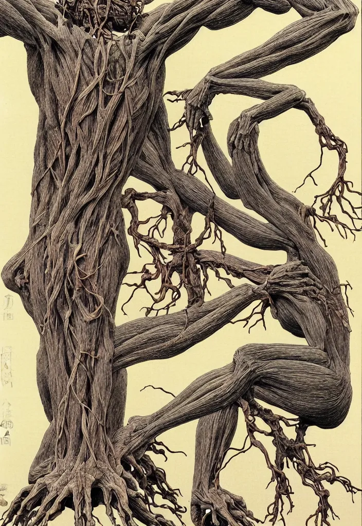 Image similar to prompt: anatomy dissection drawing veins and organs human shaped tree character drawn by Takato Yamamoto, bonsai anatomy atlas, veins and organs attached to tree roots, alchemical objects inspired by 1980's sci-ci, old experimentation cabinet, intricate oil painting detail, manga 1980