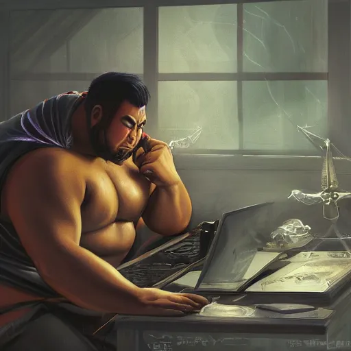 Prompt: a insanely detailed painting of a thick asian man wearing a homemade superhero costumed, sitting at a computer desk typing on the keyboard, in the style of peter mohrbacher, dramatic lighting and composition, trending on artstation, concept art, comic book, graphic novel