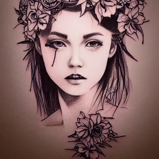 Image similar to tattoo design, stencil, traditional, beautiful portrait of a girl with flowers in her hair by artgerm, artgerm, digital art