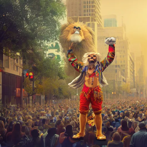 Image similar to scene of an anthropomorphic lion at a protest movement exquisite detail lion in hippie clothes, Streetwear, hippie fashion, protest movement, trending on artstation, bokeh, incredible detail, Mucha, Graeme Base, 8k detail, gi, global illumination, physically based rendering, photoreal, small details, intricate complexity