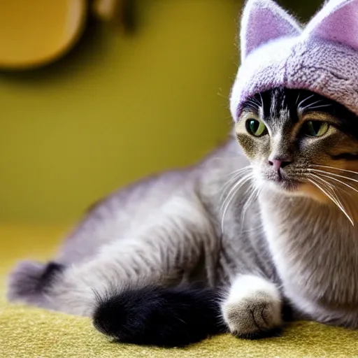 Image similar to cat photo, wearing wool hat, tongue mlem, cat ears