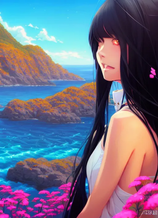 Image similar to a beautiful girl with long black hair in, island background, intricate, highly detailed, digital painting, artstation, official media, anime key visual, concept art, rich vivid colors, ambient lighting, sharp focus, illustration, art by Artgerm, Makoto Shinkai, Ilya Kuvshinov, Lois Van Baarle, and Rossdraws