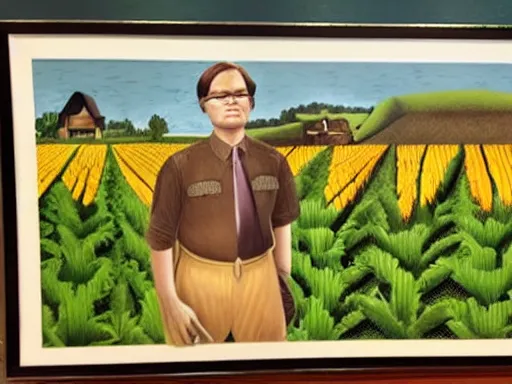 Prompt: grant wood mural of dwight schrute on his beet farm. dwight is wearing a yellow shirt and a brown striped tie