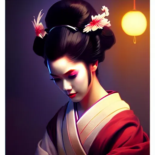 Image similar to pretty geisha, d & d digital painting, ultra realistic, beautiful, volumetric lighting, cell shading, by james jean, greg rutkowski, wlop