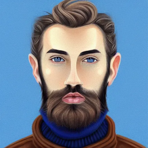 Prompt: gangly man with short dark blond wavy hair, dark blond trimmed beard, English heritage, blue eyes, middle aged, wearing a turtleneck and jacket, pale skin, narrow face, digital art, painterly, cartoon, cute, 8k, illustration, art by loish, painterly, trending on artstation, medium shot, uncropped