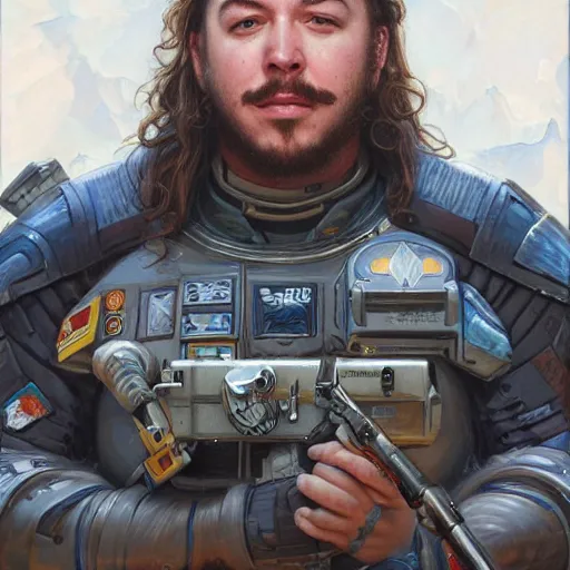 Image similar to Post Malone as a space soldier, close-up portrait art by Donato Giancola and James Gurney, digital art, trending on artstation